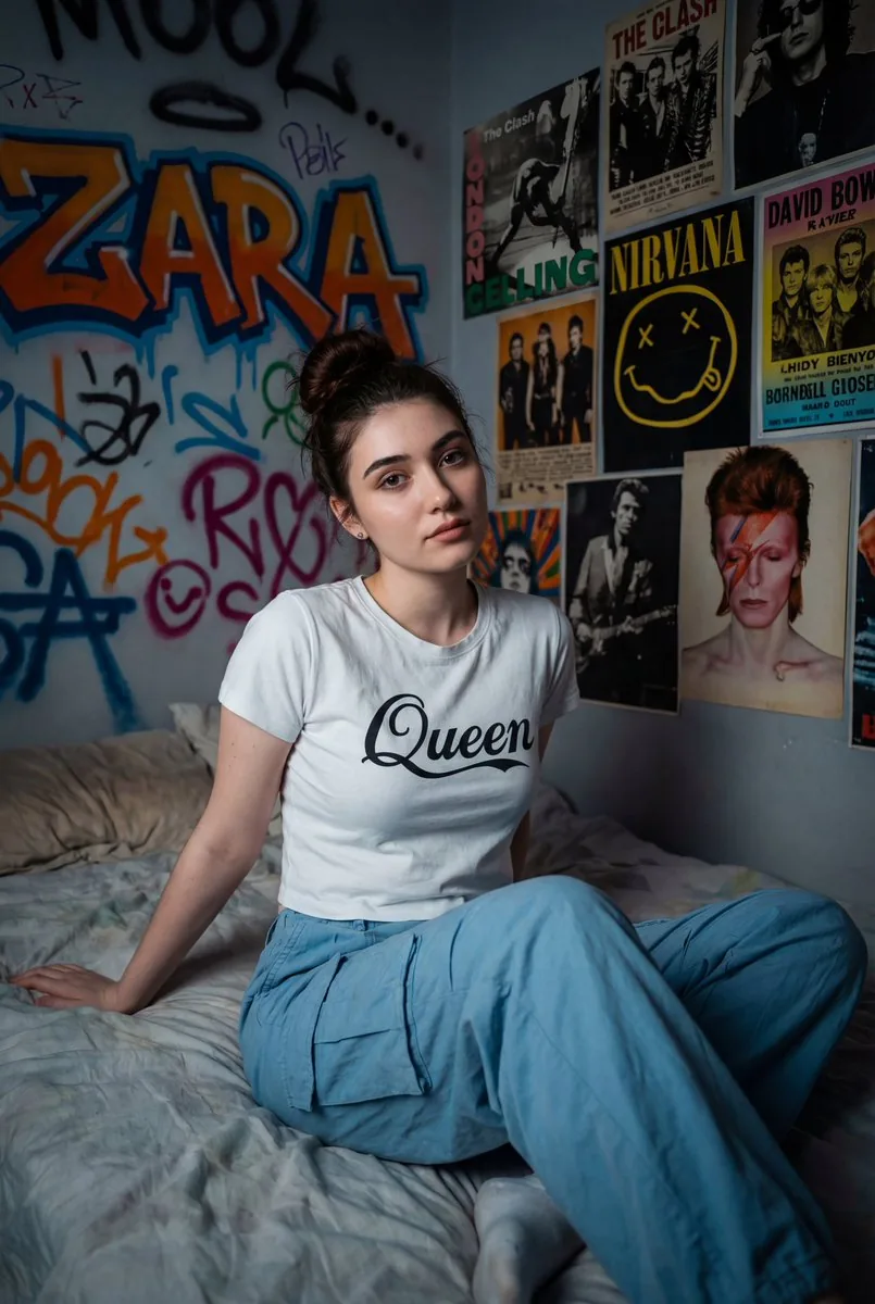 Cinematic Portrait of a Woman on a Messy Bed with Graffiti Background reference