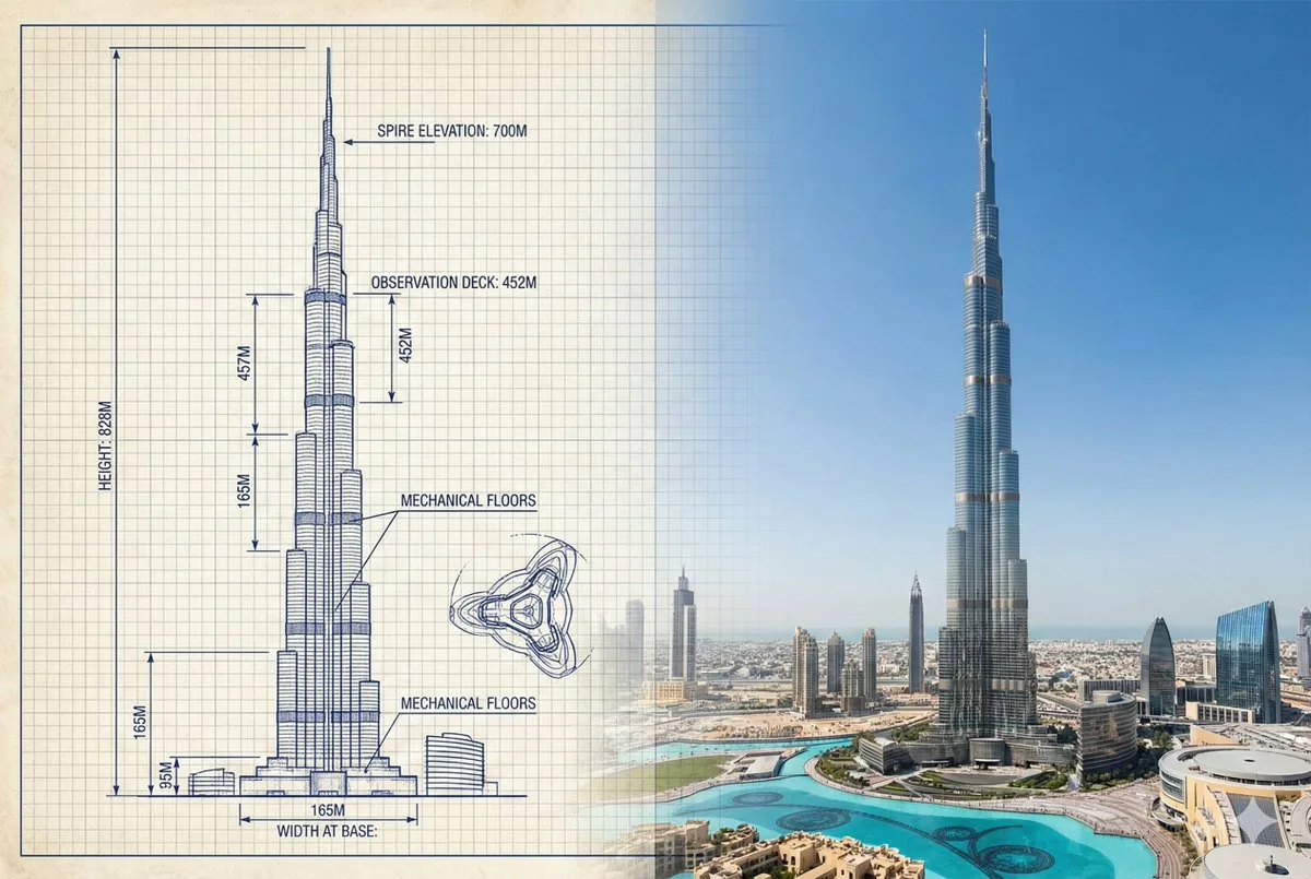 Burj Khalifa Technical Sketch and Real Photo Comparison - Nano Banana Pro AI Prompt for Infographic / Edu Visual reference