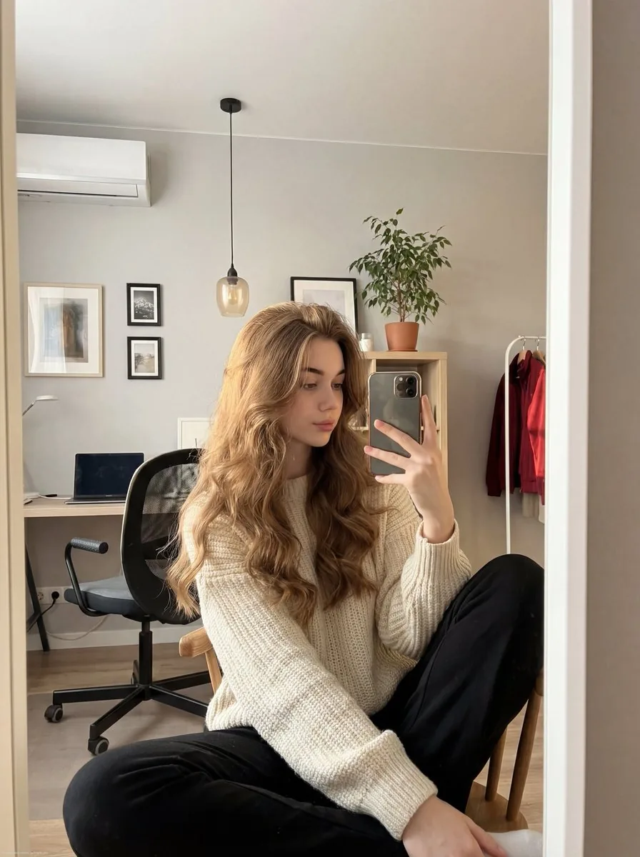 Realistic mirror selfie of a young woman in a cozy cream sweater - Nano Banana Pro AI Prompt for Social Media Post reference