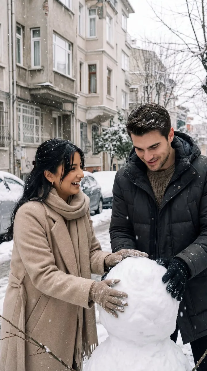 Photorealistic Cinematic Street Romance in Istanbul Snow - Nano Banana Pro AI Prompt for Social Media Post reference