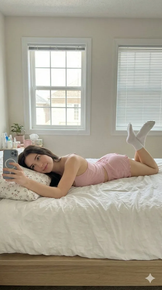 Lazy Sunday Morning Bedroom Selfie Prompt - Nano Banana Pro AI Prompt for Social Media Post reference