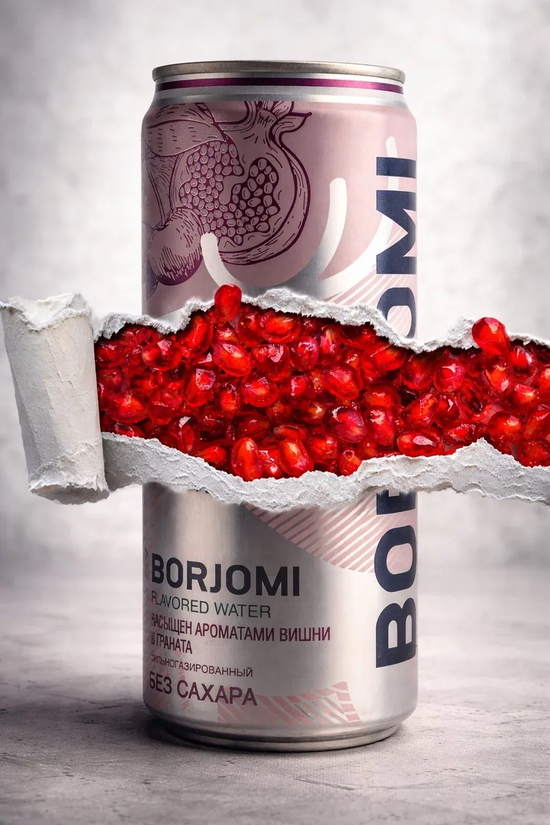 8K Product Photography with Conceptual Cutaway (Borjomi) - Nano Banana Pro AI Prompt for Product Marketing reference