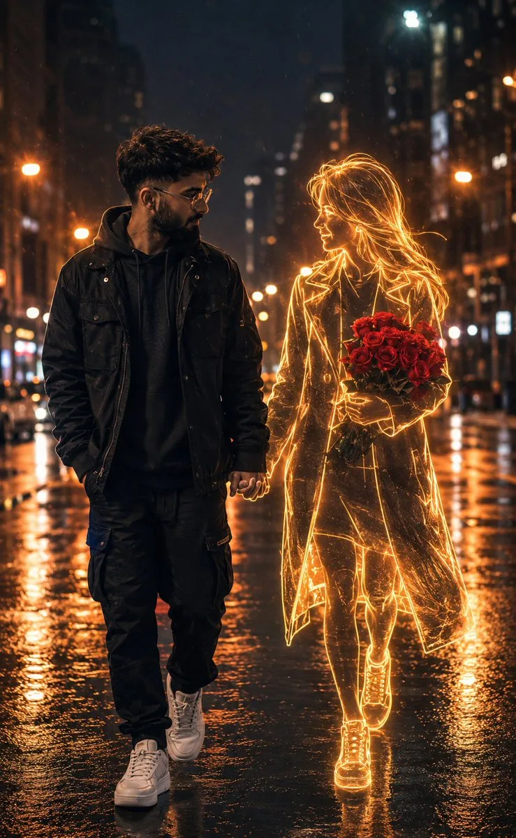 Holographic Woman in Urban Night reference