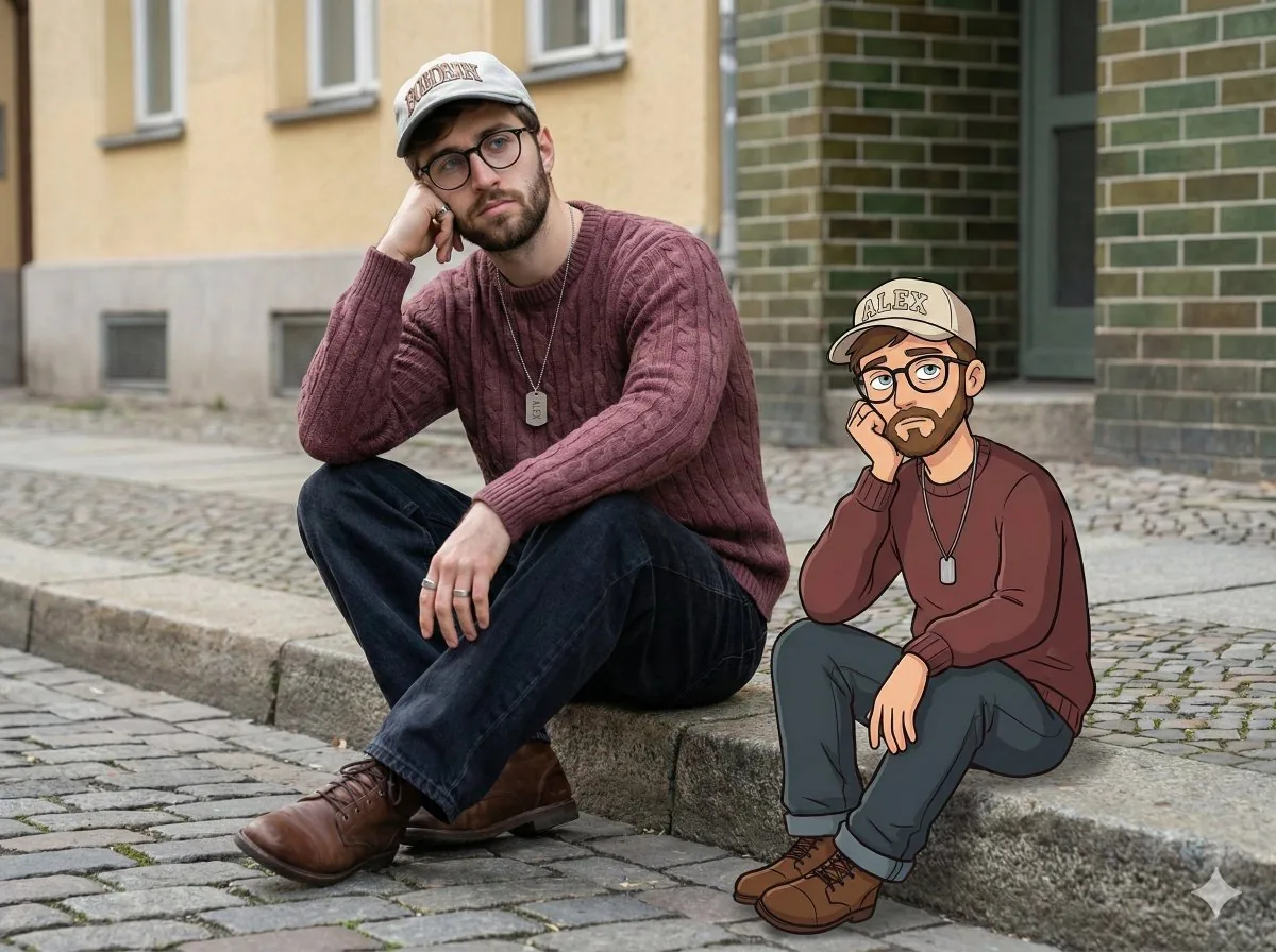 Urban Street Portrait with Cartoon Inner Self Duo - Nano Banana Pro AI Prompt for Social Media Post reference