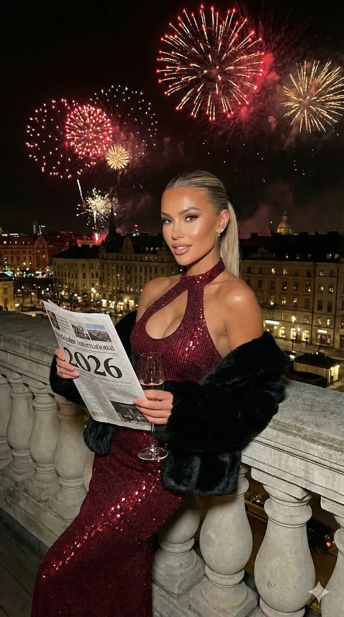 Glamorous Nighttime Balcony Portrait with Fireworks - Nano Banana Pro AI Prompt for Social Media Post reference