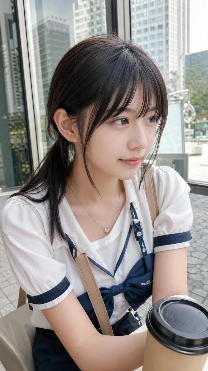 Casual Cafe Portrait in Sailor Blouse reference