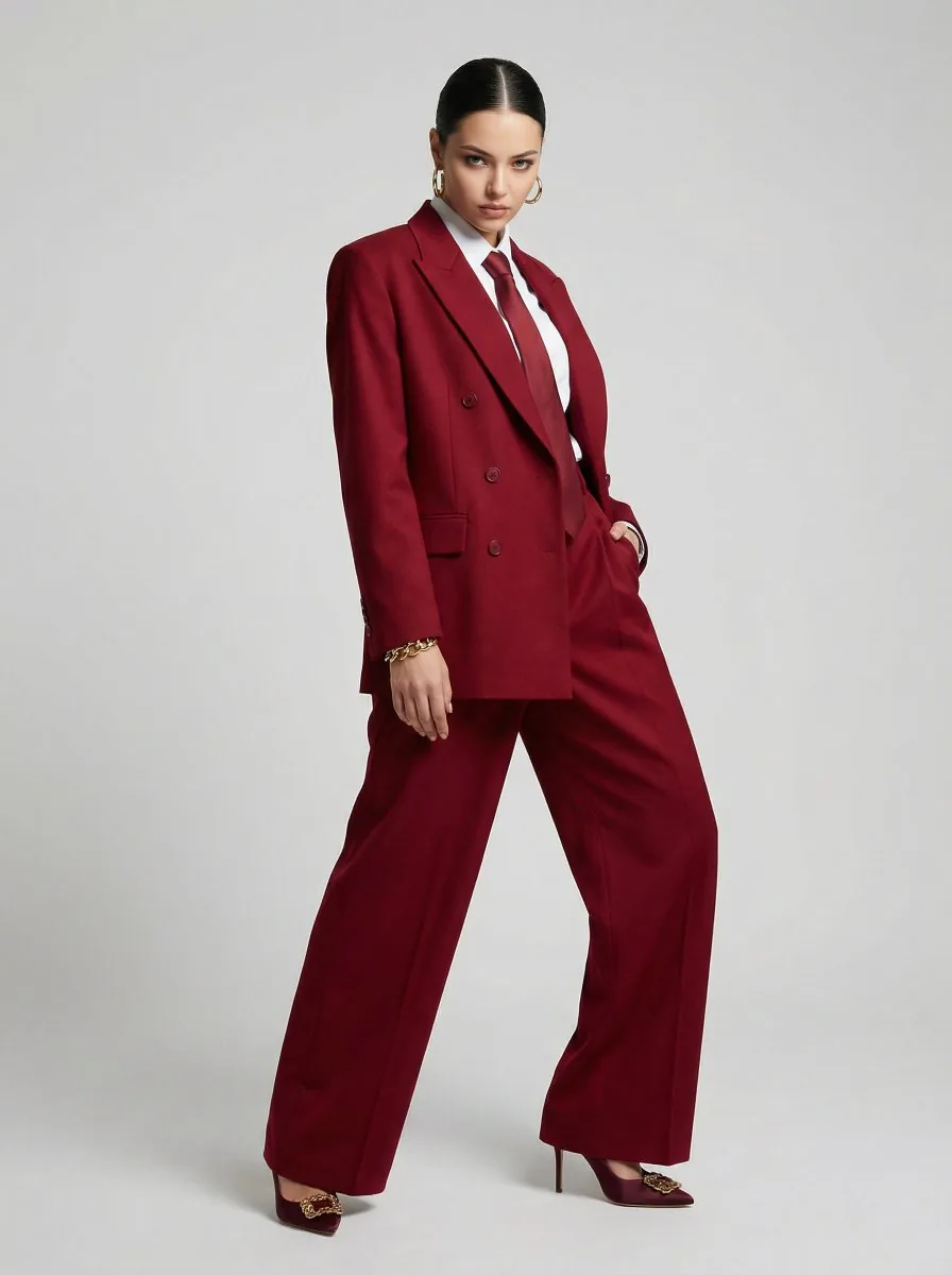 JSON Prompt for High-Fashion Editorial Portrait in Crimson Suit - Nano Banana Pro AI Prompt for Product Marketing reference