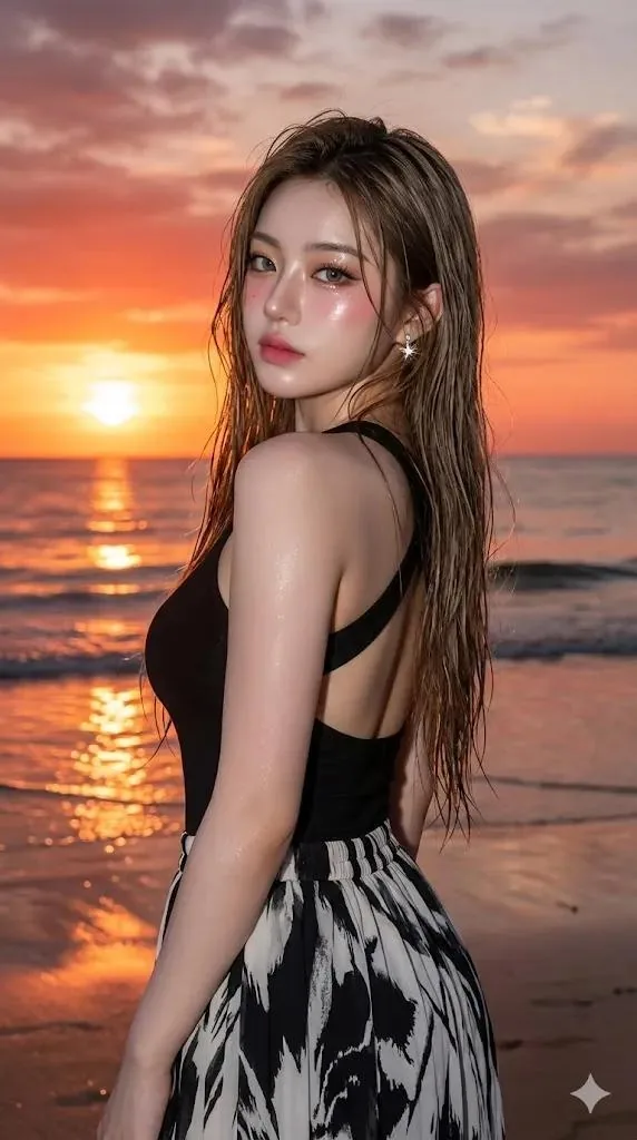 Golden Hour Beach Portrait with Glass Skin Effect - Nano Banana Pro AI Prompt for Social Media Post reference