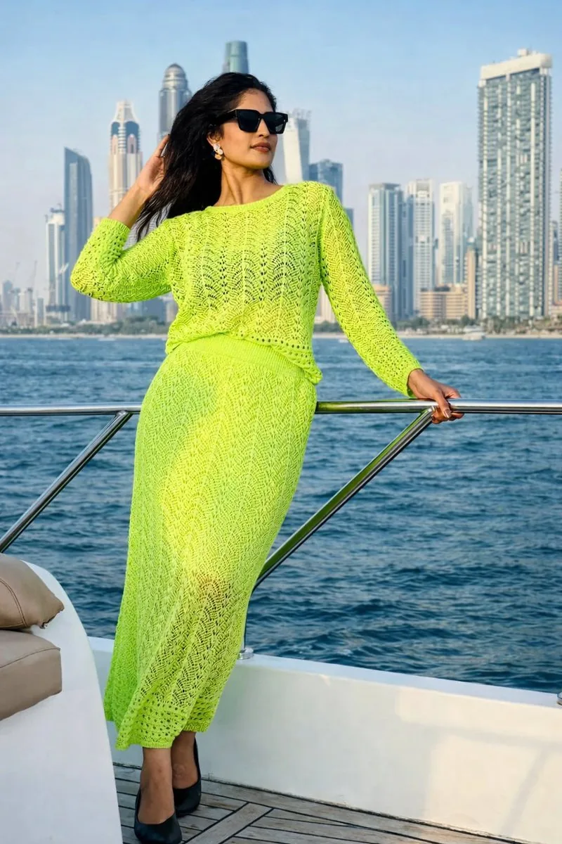 Lifestyle Portrait on Yacht in Neon Green Knitwear - Nano Banana Pro AI Prompt for Social Media Post reference