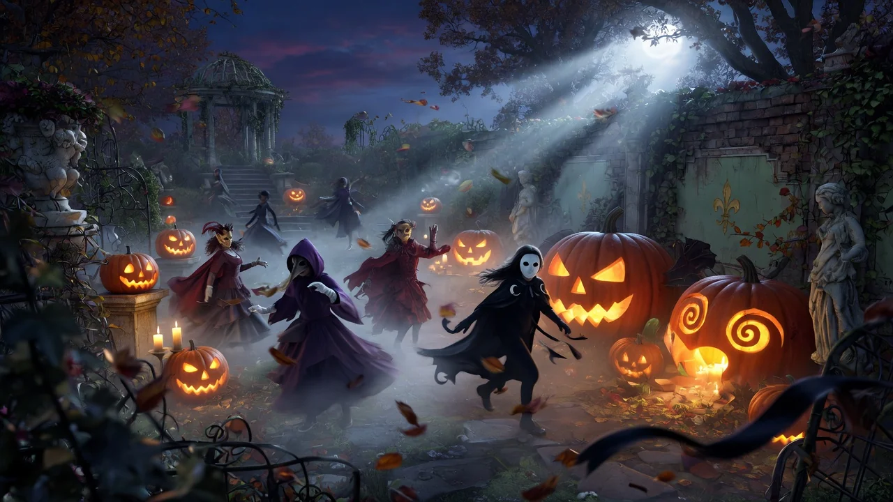 Original AI-generated cover art for the halloween video maker tool, cinematic horizontal scene