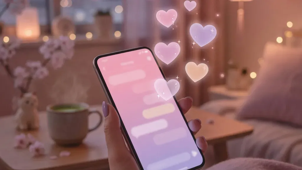 ai彼女 アプリ のイメージ:手に持ったスマホが淡いピンクに光り、ハートのチャット吹き出しが浮かぶ