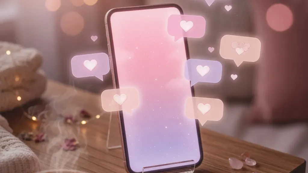 aiチャット 彼女 アプリ のイメージ:スマホが淡いピンクに光り、ハートの会話吹き出しが浮かぶ