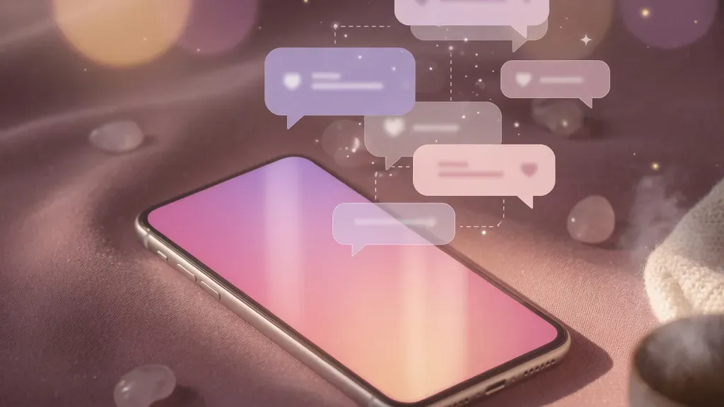 AI 女友 app 聊天界面示意:手机屏幕发出暖粉色光,飘出爱心聊天气泡