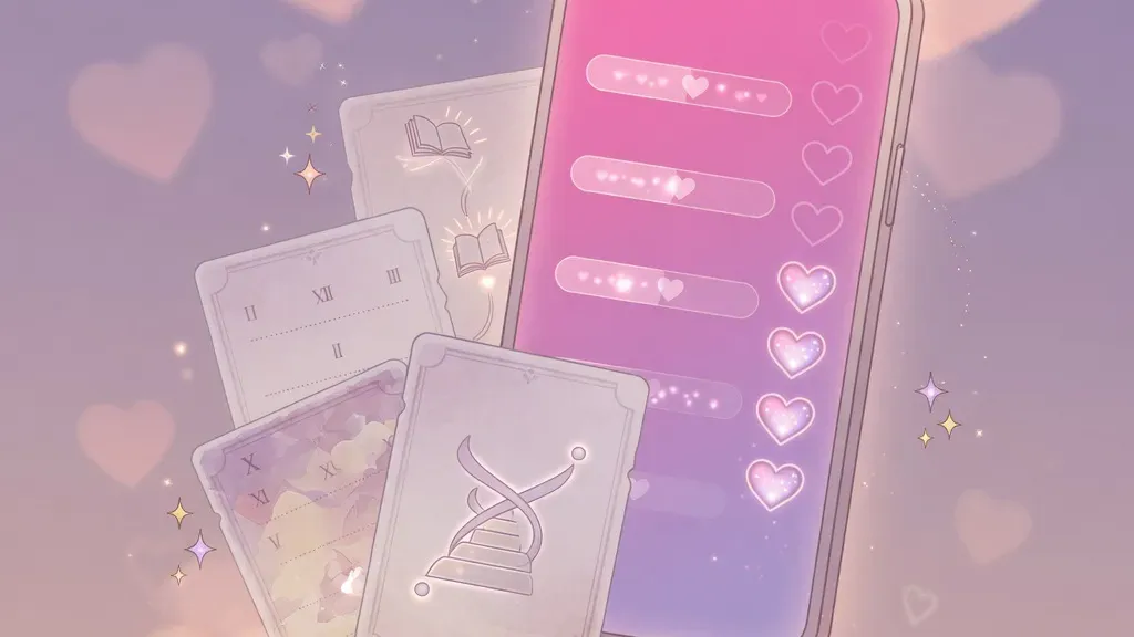 AI girlfriend game guide — phone showing relationship progress bars, heart levels, and floating story-chapter cards
