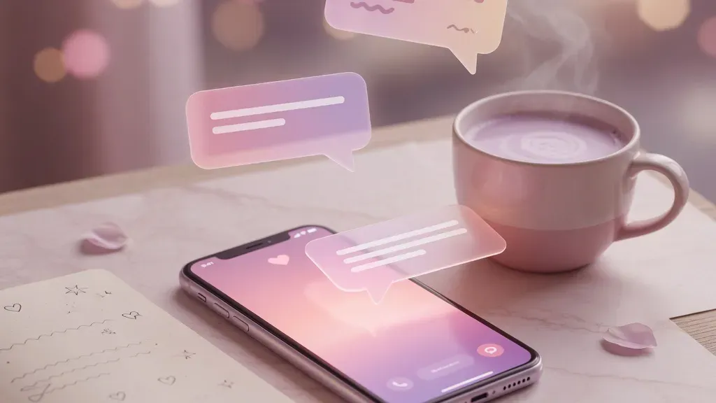 AI girlfriend prompt guide — phone with floating example opening-message bubbles, notebook, and a warm cup