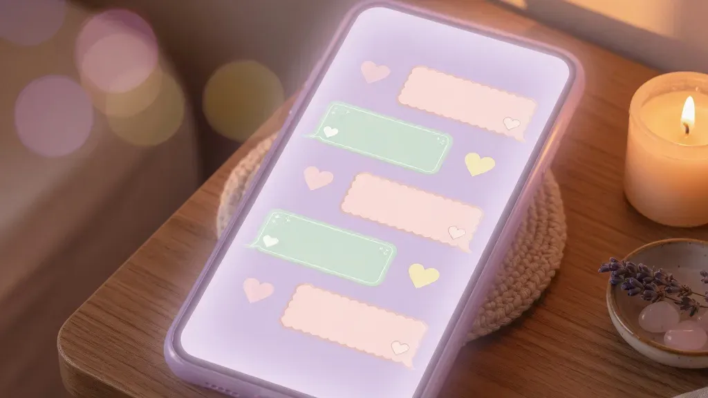 ai彼女 line のイメージ:スマホに淡いパステルのメッセージ吹き出しとハートが並ぶ軽いチャット画面