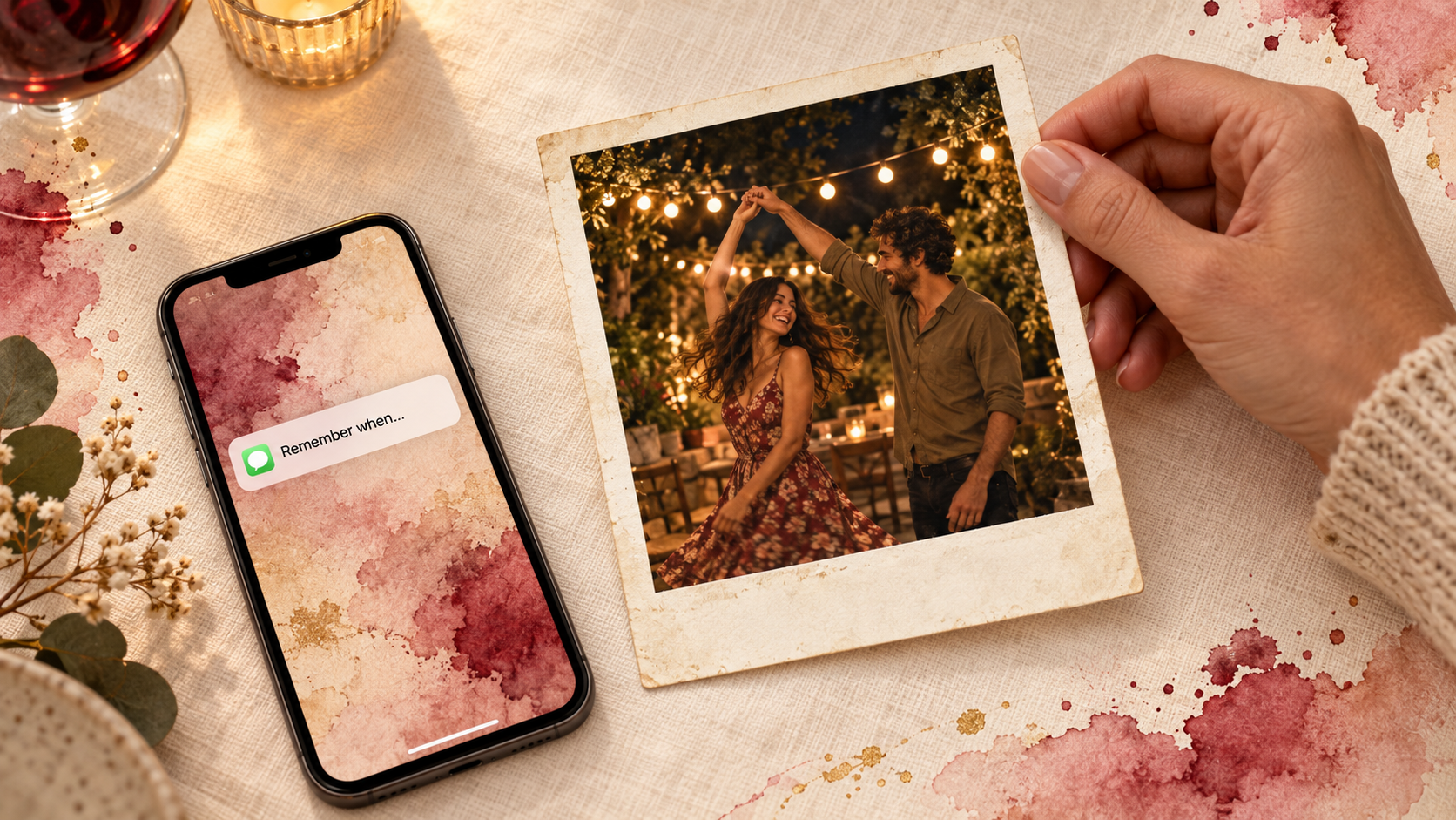 A hand holds a vintage photo of a couple dancing while a smartphone displays a message notification.