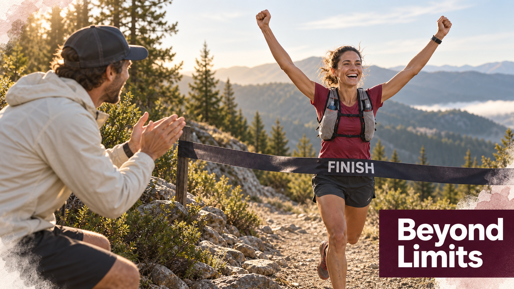 A female trail runner crossing the finish line with arms raised in victory as her coach applauds.