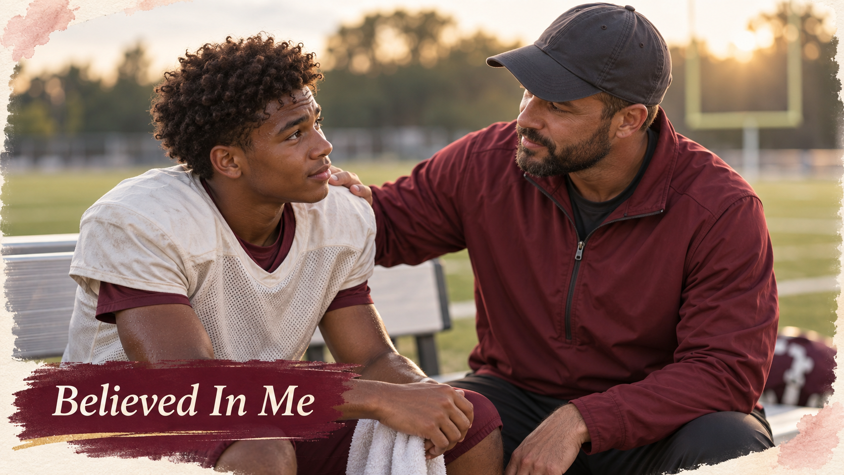 A supportive football coach giving advice and encouragement to a young male athlete on the field.