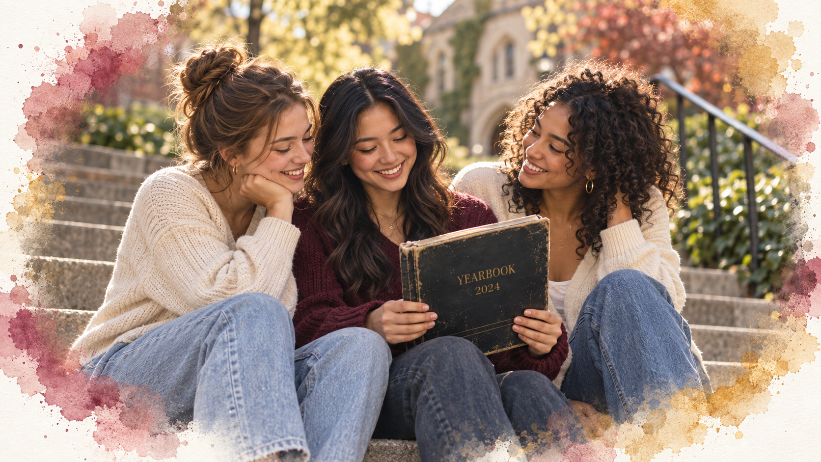 Three young women sitting together on steps, smiling and affectionately looking at a 2024 yearbook.