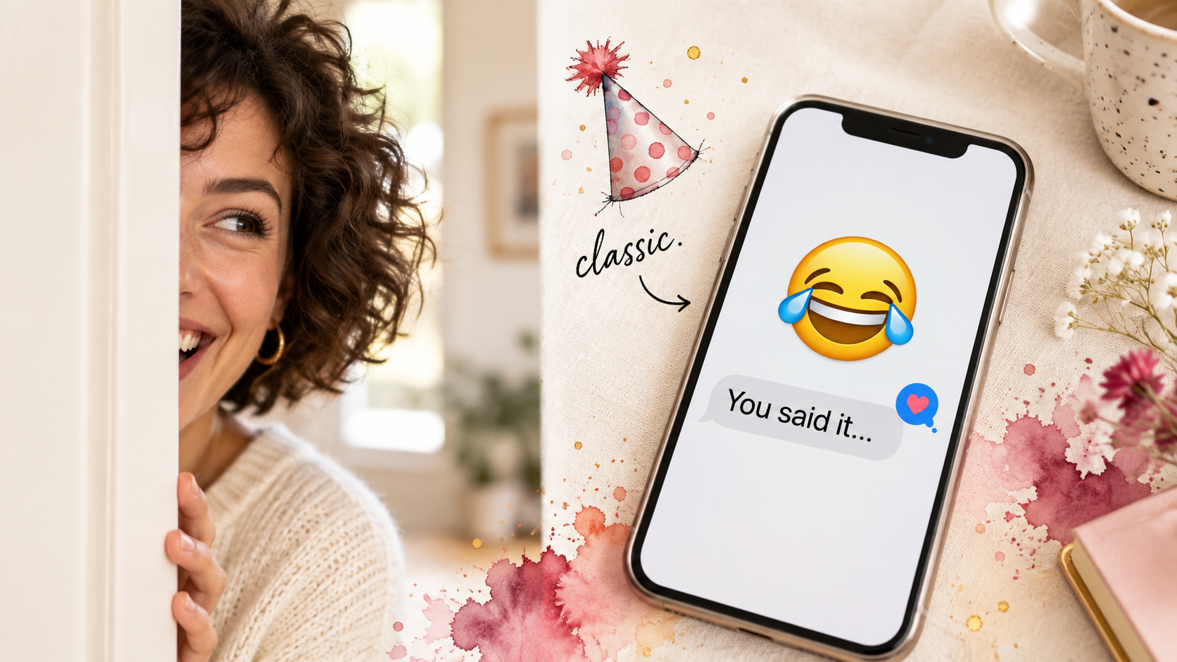 A woman peeking from behind a white wall next to a smartphone displaying a laughing emoji message.