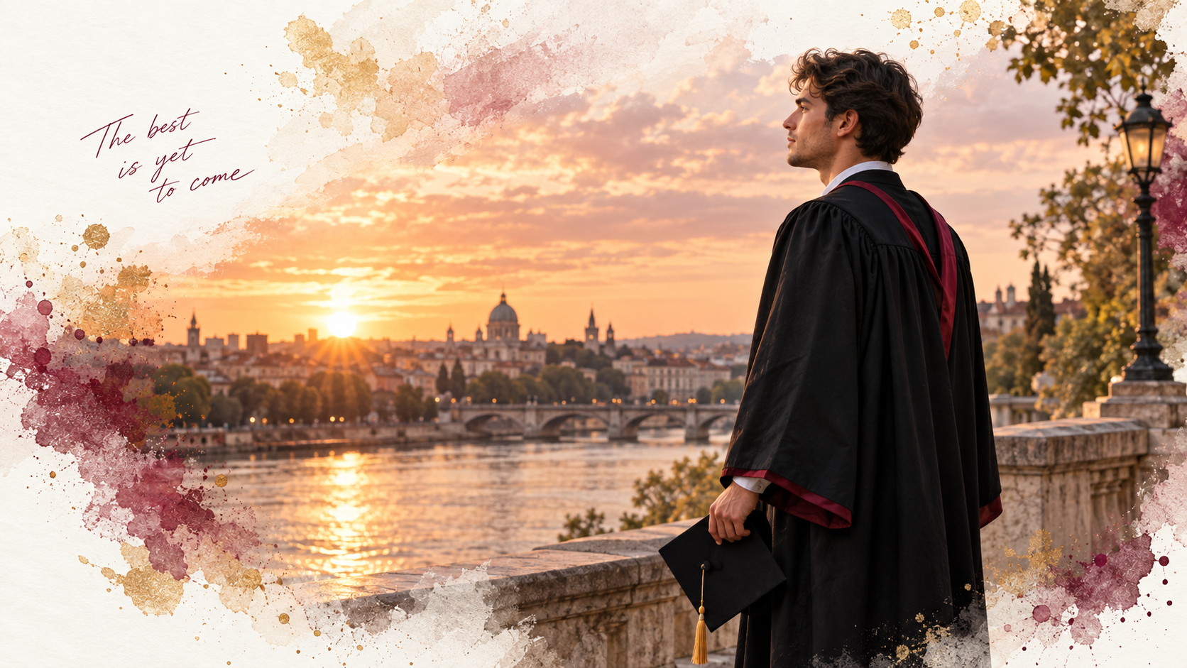 A young male graduate in a robe holding a cap, looking towards a beautiful sunset over city.