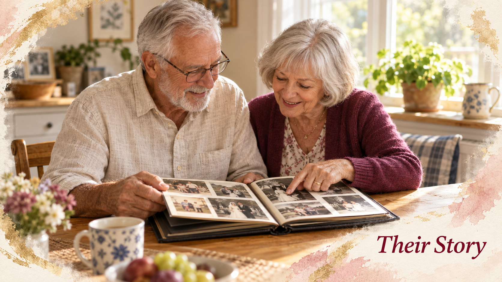 An elderly couple sitting at a wooden table while looking through an old photo album together.
