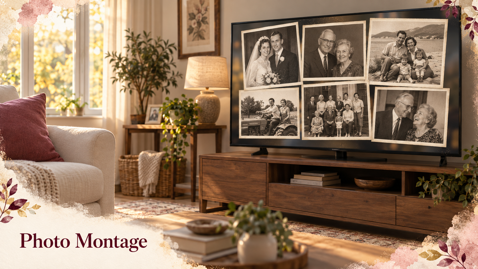 A large television screen in a cozy living room displaying a vintage photo montage of grandparents.