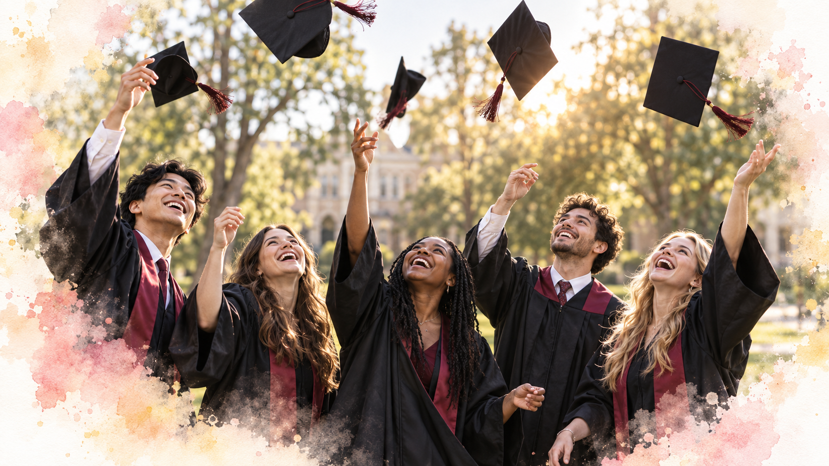 A group of happy graduates celebrating by throwing their academic caps into the air with watercolor background.