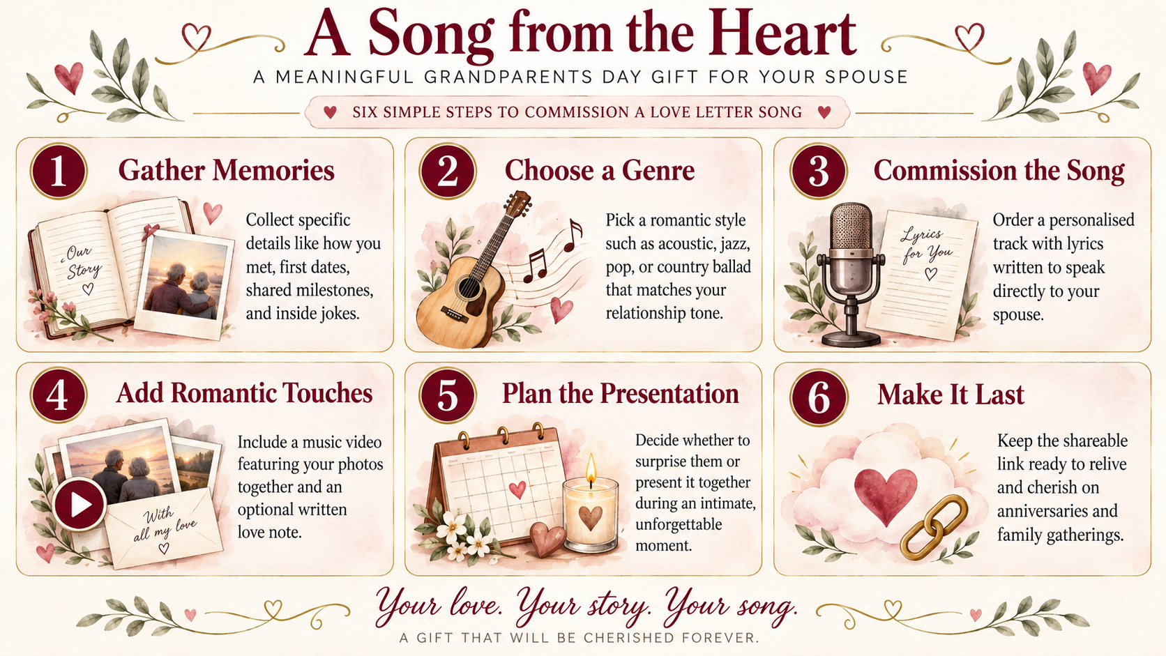 A six-step guide infographic for creating a personalized song as a meaningful Grandparents Day gift for a spouse.