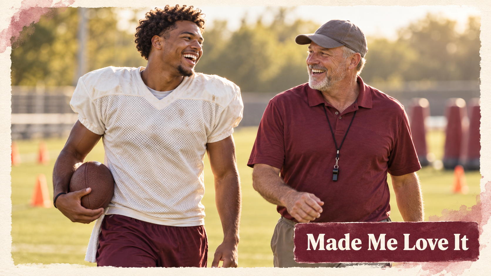 A happy football player smiling while training outdoors next to his coach, emphasizing teamwork and appreciation.