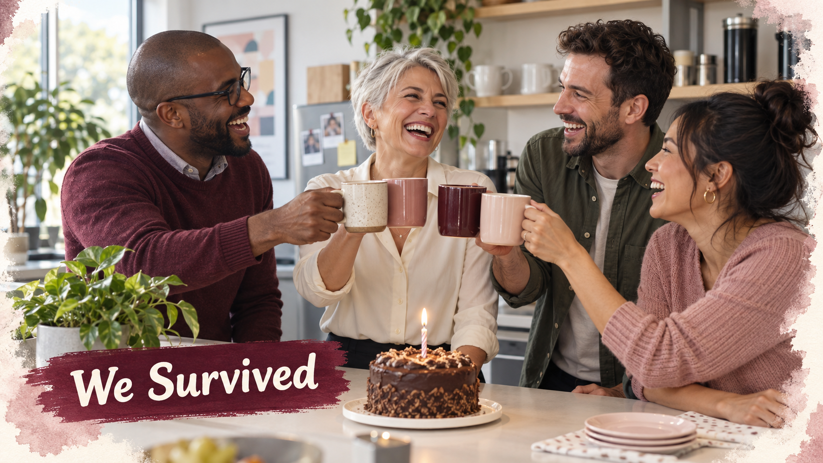 A diverse team of office colleagues joyfully celebrating with coffee mugs around a cake in the workplace.