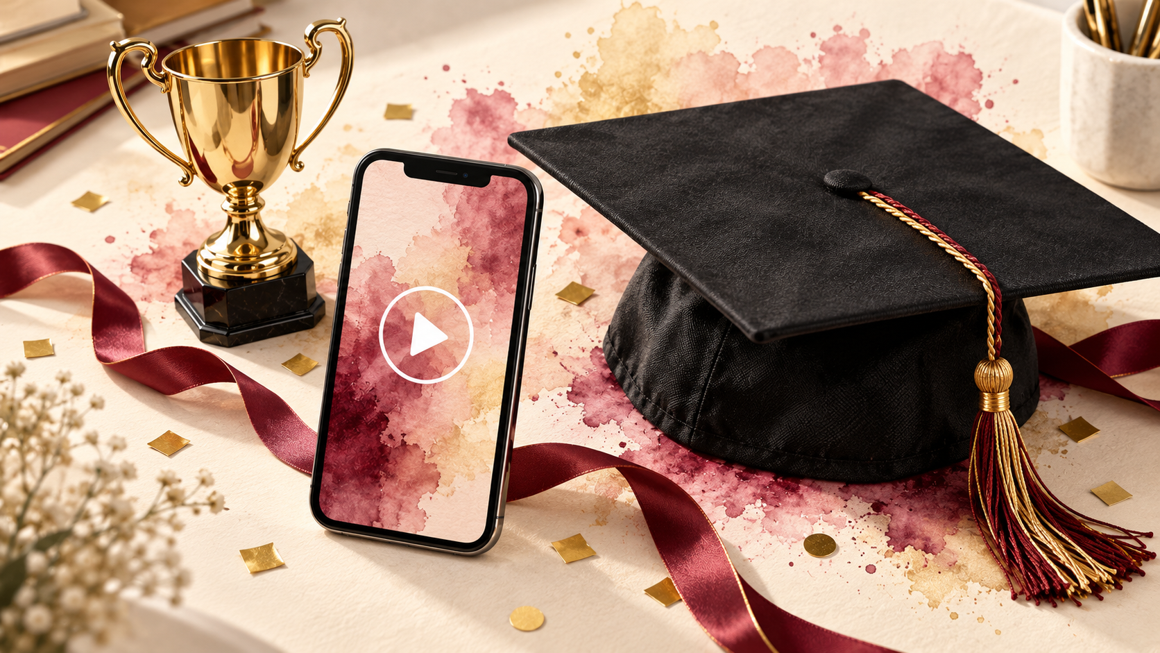 A black graduation cap, a smartphone with a play button, and a gold trophy on watercolor background.