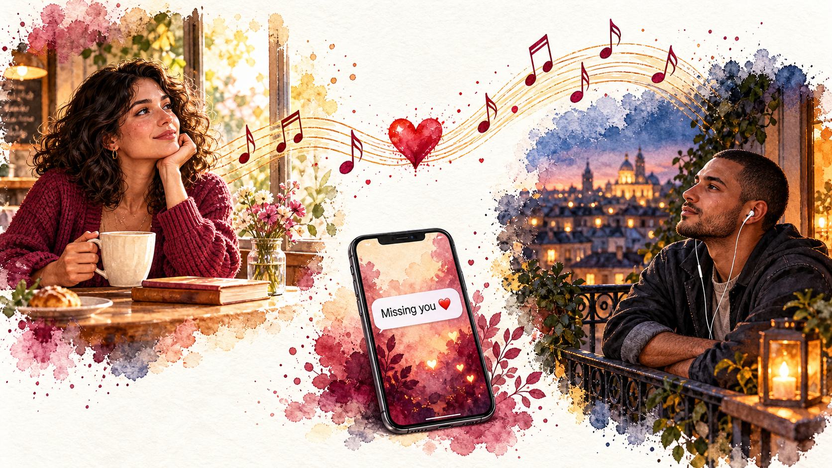 A digital illustration showing a couple thinking of each other connected by music notes and love messages.