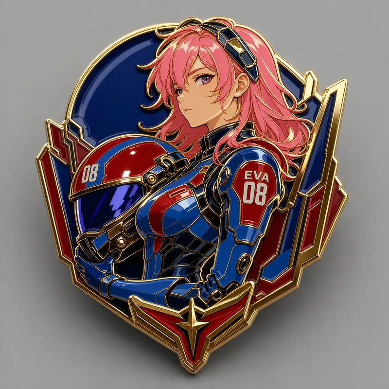 mecha pilot girl with pink hair holding helmet, cinematic 3/4 angle, cobalt + crimson

Hard enamel finish: polished glass-smooth color wells filled flush with raised gold-plated metal lines separating each color, glossy reflective surface catching studio light, jewelry-grade product shot on neutral gray backdrop