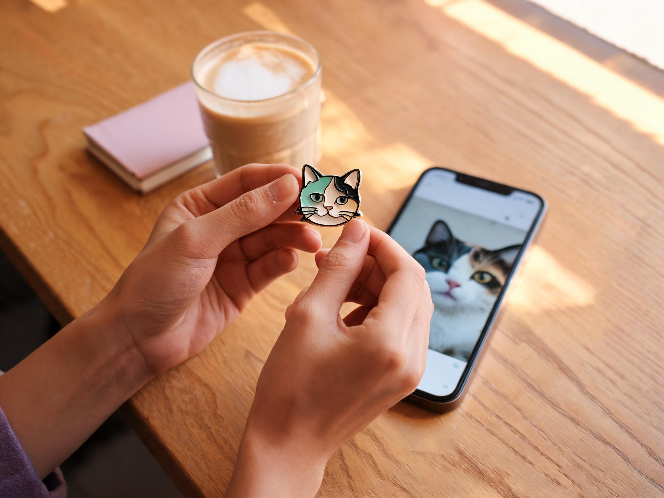 三毛猫のカスタムエナメルピンを手に持ち、隣のスマートフォンには元のペット自撮り写真が表示されている、午後の光が差し込むカフェのテーブル