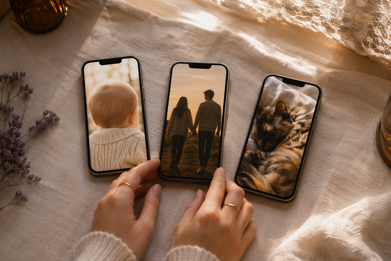 リネンの机に並んだ三台のスマートフォン、それぞれの画面に赤ちゃん・ゴールデンアワーのカップル後ろ姿・長毛の猫のAI生成ポートレートが映り、手が中央で比較する暖かな窓辺の光