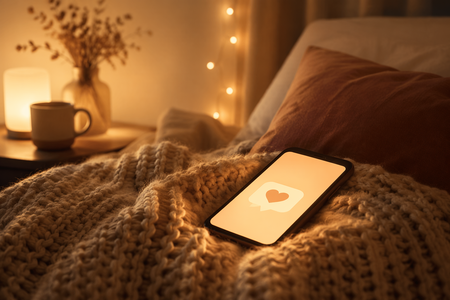 soft glowing phone on a knit blanket showing a heart conversation bubble