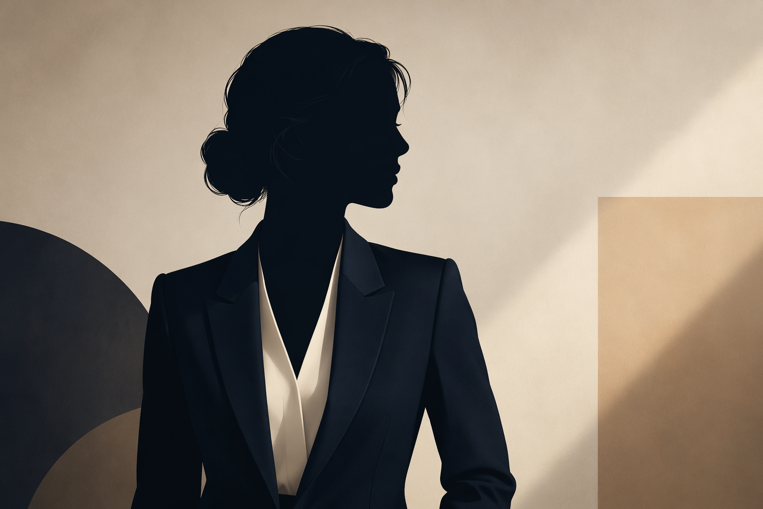 a stylized professional silhouette in a sharp blazer against soft studio backdrop
