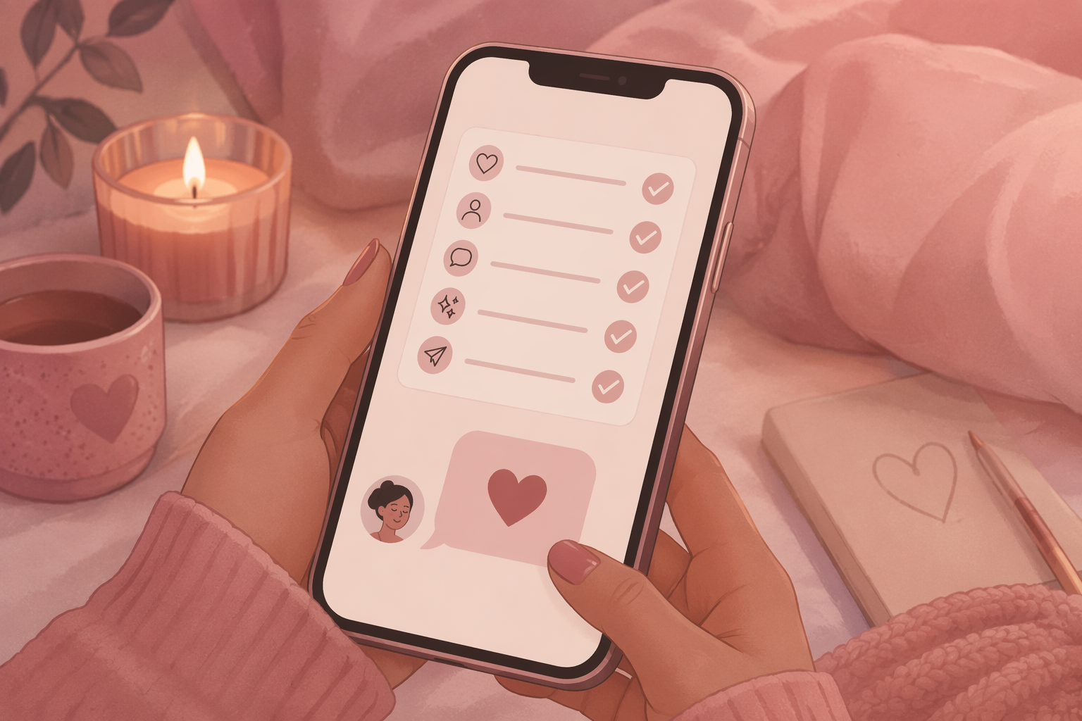 beginner checklist on a phone screen with first message bubble