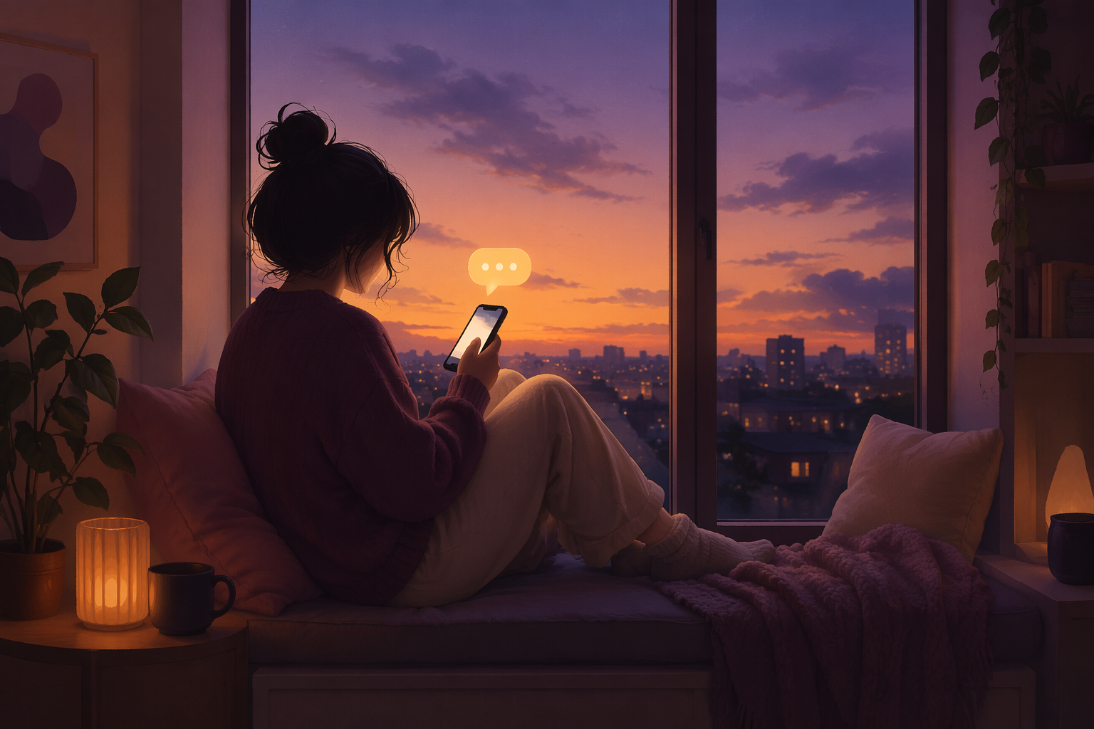 editorial illustration of a person on a window seat at dusk holding a phone with a warm glowing chat bubble