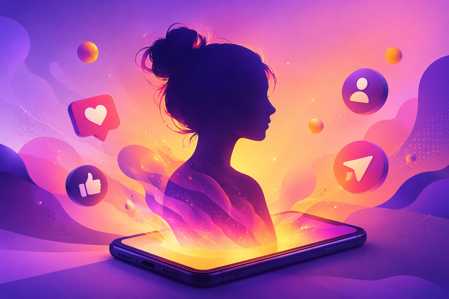 digital avatar silhouette emerging from a phone with social media icons floating around