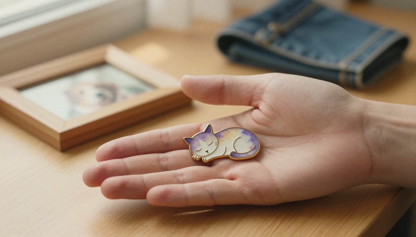 温かな午後の光の中、木製のテーブルで眠るペットをかたどった小さなエナメルピンを優しく手のひらで包み、傍らには古い写真立てがそっとぼかして置かれている