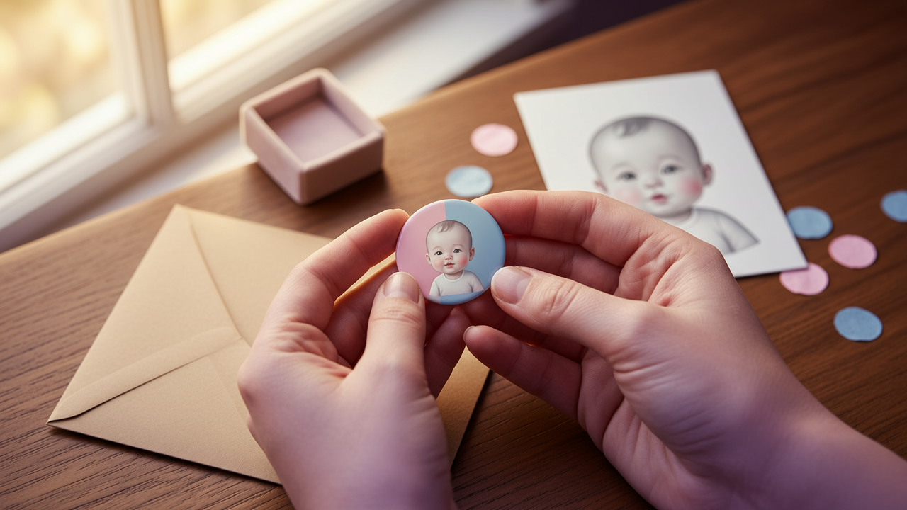 Hands holding a small pink-and-blue enamel pin with an AI baby portrait beside a reveal card on a warm wooden table