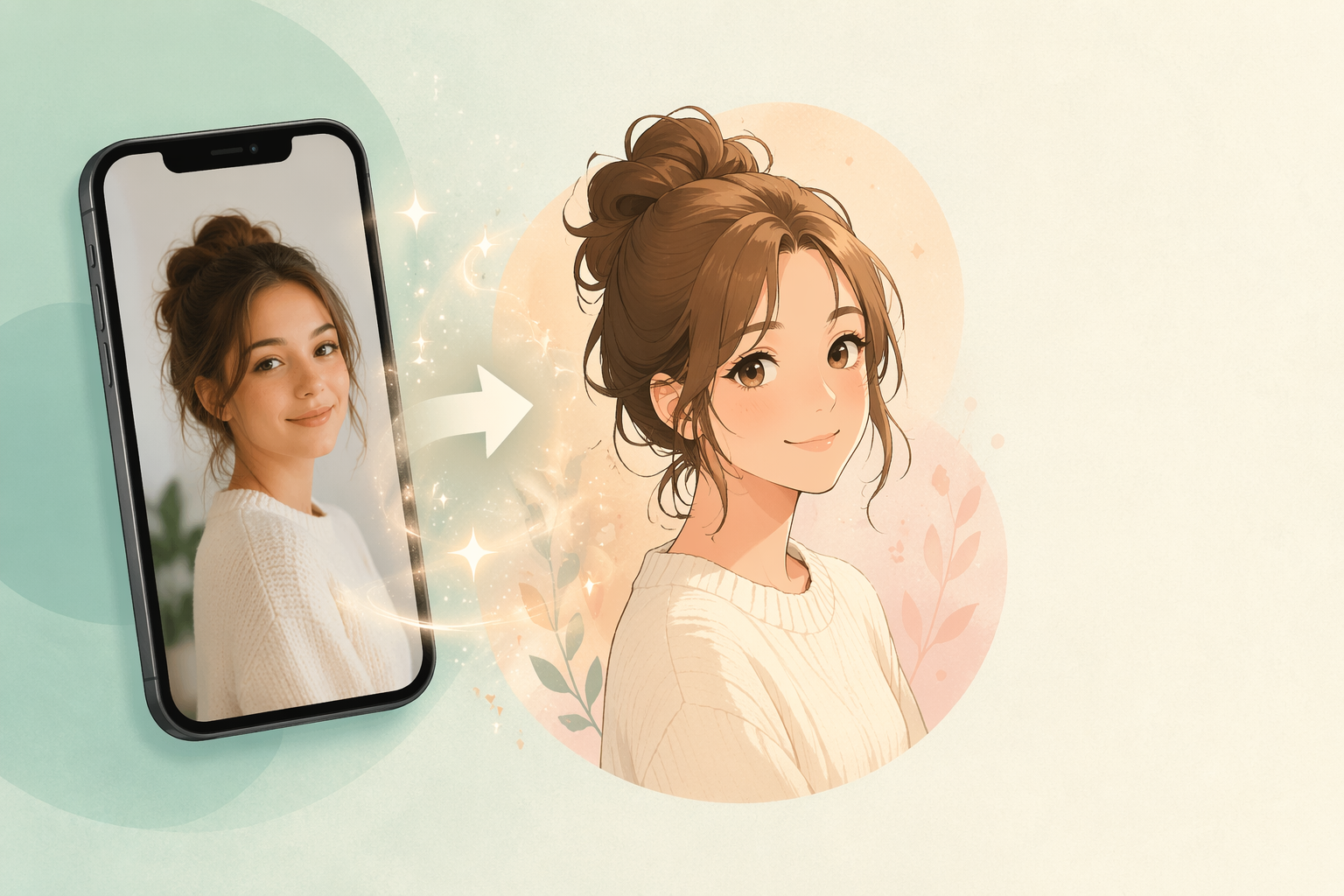 スマホの中の selfie がアニメ風イラストに変換されていく編集向けイラスト