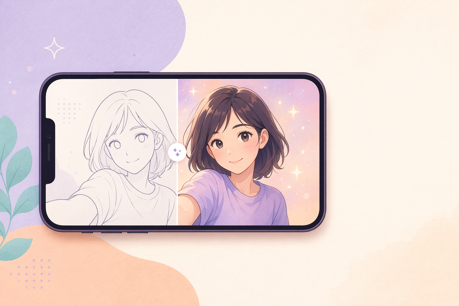 スマホ画面の中で selfie がアニメ風イラストに変換される編集イラスト