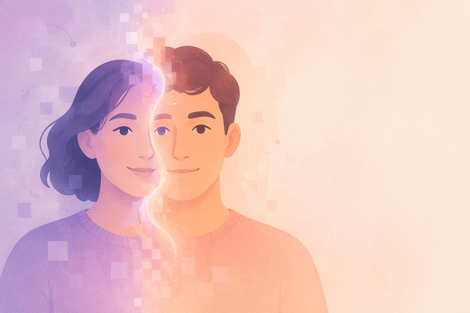 두 인물 실루엣이 부드러운 빛으로 연결되며 하나의 프레임으로 합쳐지는 평면 일러스트