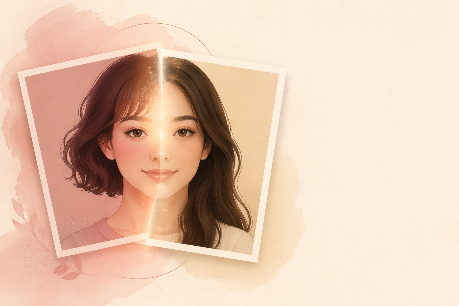 2 枚のポートレート写真フレームが柔らかい光のシームで重なり、AI 写真合成のビジュアル化を示すフラットイラスト