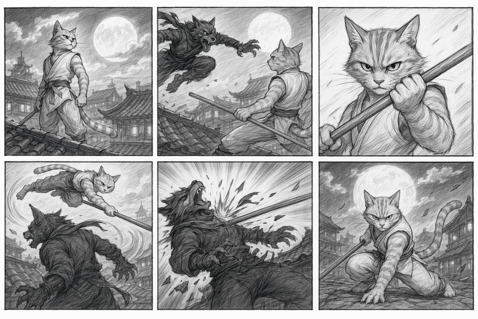 Run 1, 10 seconds on the fast tier, finished in 253 seconds: all six panels animated in order - note the model swapped panel 1's hero intro for a moon establishing shot