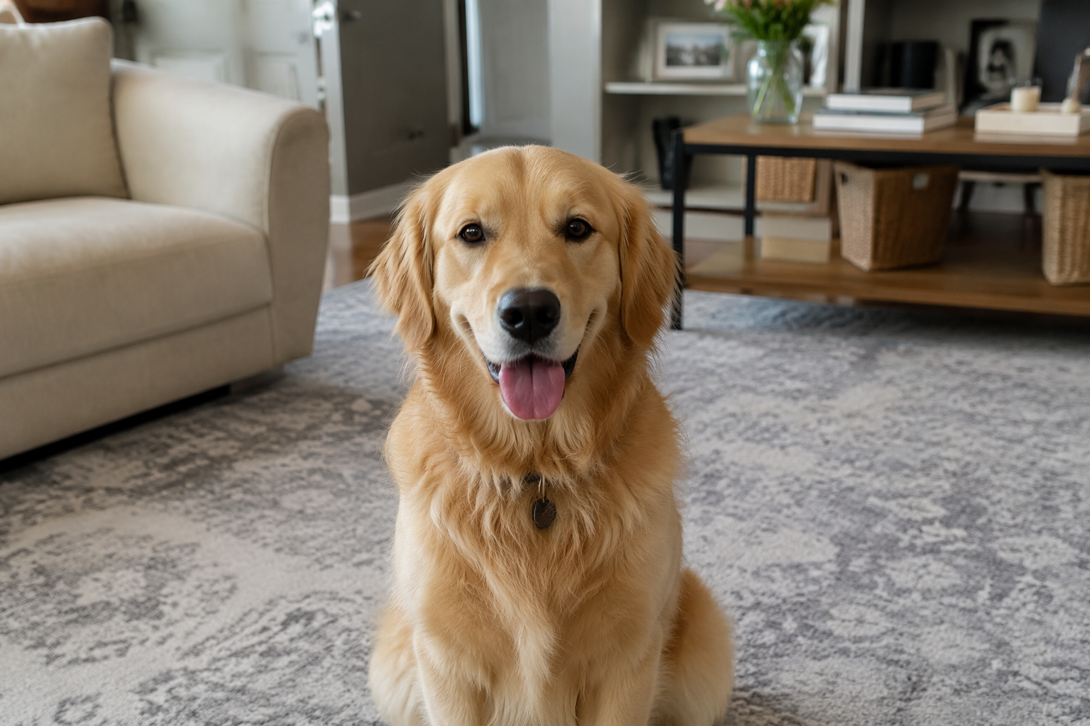 Run 3, 5 seconds at 720p on the fast tier, finished in 104 seconds: the dog photo remade with an orange tabby cat - watch the rug and furniture shift versus the input photo